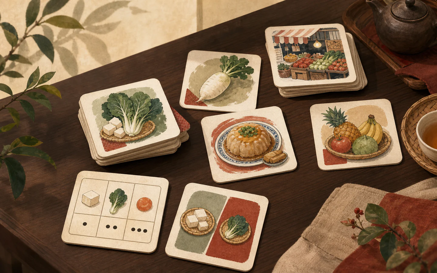 以青菜、豆腐、蘿蔔、辦桌菜與水果組成的台灣生活活動圖卡。